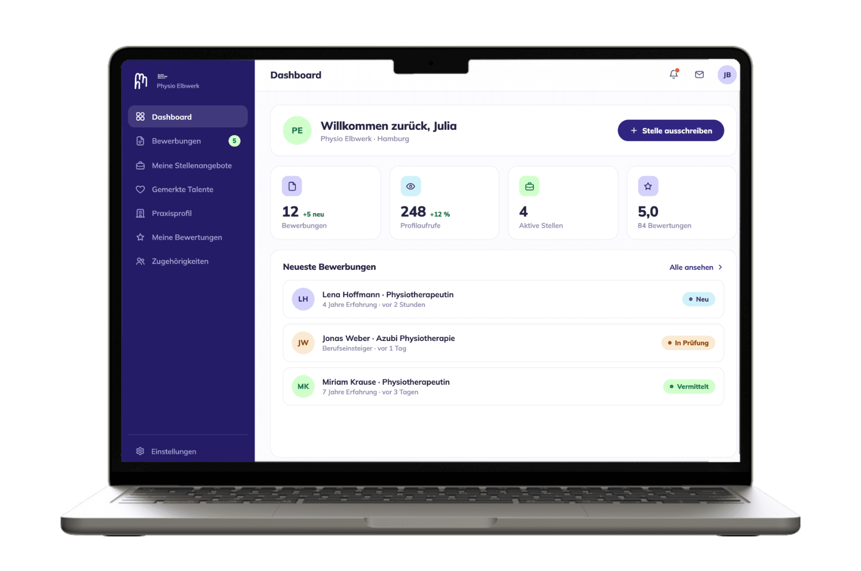 HMN Web-App auf einem Laptop: Dashboard mit Seitenleiste, Begrüßung, Kennzahlen-Kacheln und Liste der neuesten Bewerbungen