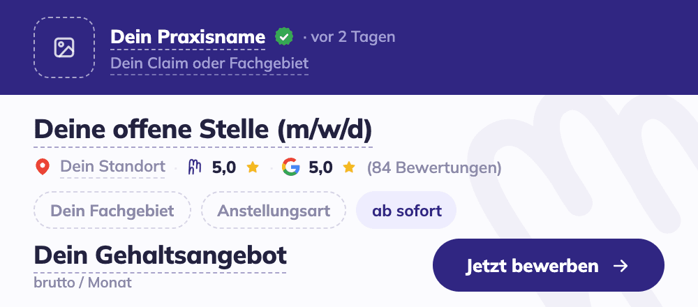 Beispiel eines Stelleninserats in HMN mit Platzhaltern für Praxisname, Standort, Fachgebiet und Gehaltsangebot sowie Bewertungsanzeige und Bewerben-Schaltfläche