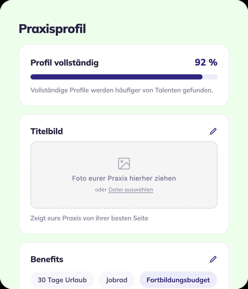 Screenshot des Praxisprofil-Bereichs in HMN: Fortschrittsanzeige zur Profil-Vollständigkeit, Titelbild-Upload und Benefits-Auswahl