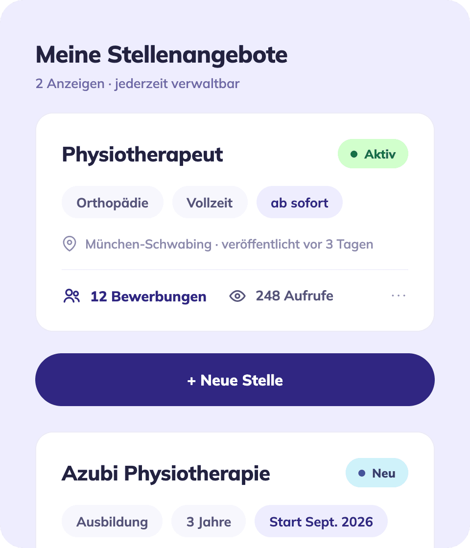 Screenshot der Stellenverwaltung in HMN: Liste eigener Stellenangebote mit Status, Bewerbungs- und Aufrufzahlen sowie Schaltfläche für eine neue Stelle